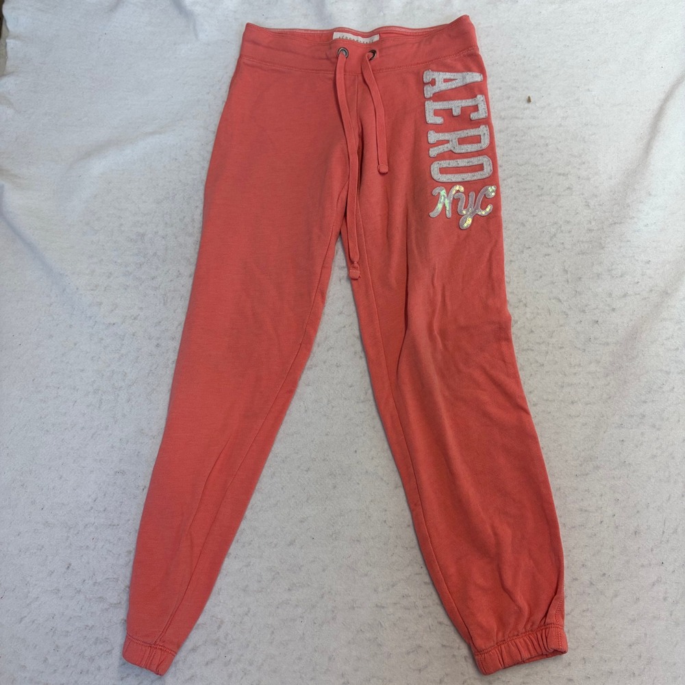Aeropostale Sweatpants Womens XS Coral Graphic Logo Drawstring Joggers